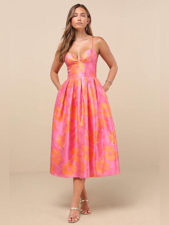 Lulus Dresses & Skirts - Lulus Vivinna Pink and Orange Floral Jacquard Pleated Midi Dress Size M NWT